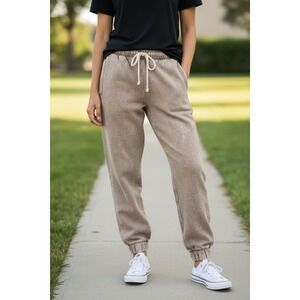 ZENANA Washed Tan Joggers Pants Drawstring Cargo Style Size Medium